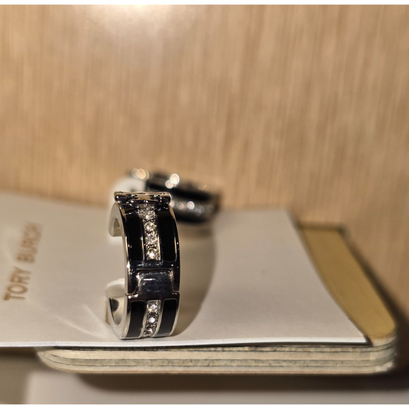 Tory Burch Kira Black & Silver Crystal Hoop Huggy Earrings w/TB Pouch - NWOT - Picture 8 of 8